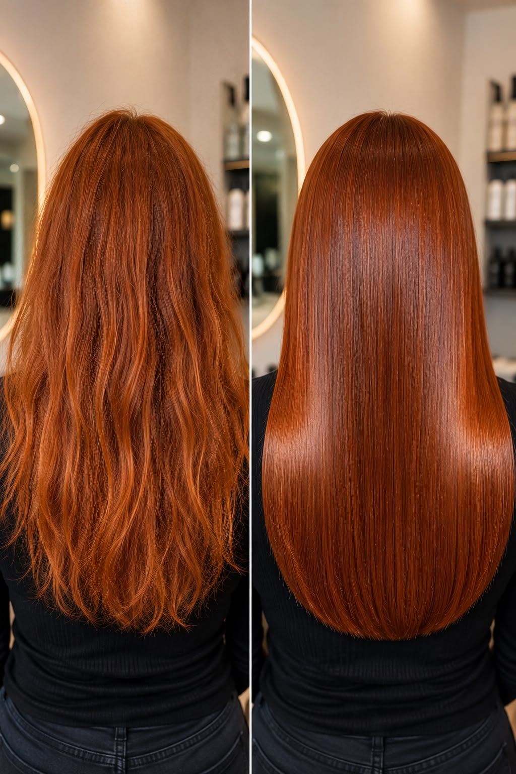 Haar vóór en na de Hair Glassing Treatment: zijdezacht en glanzend resultaat