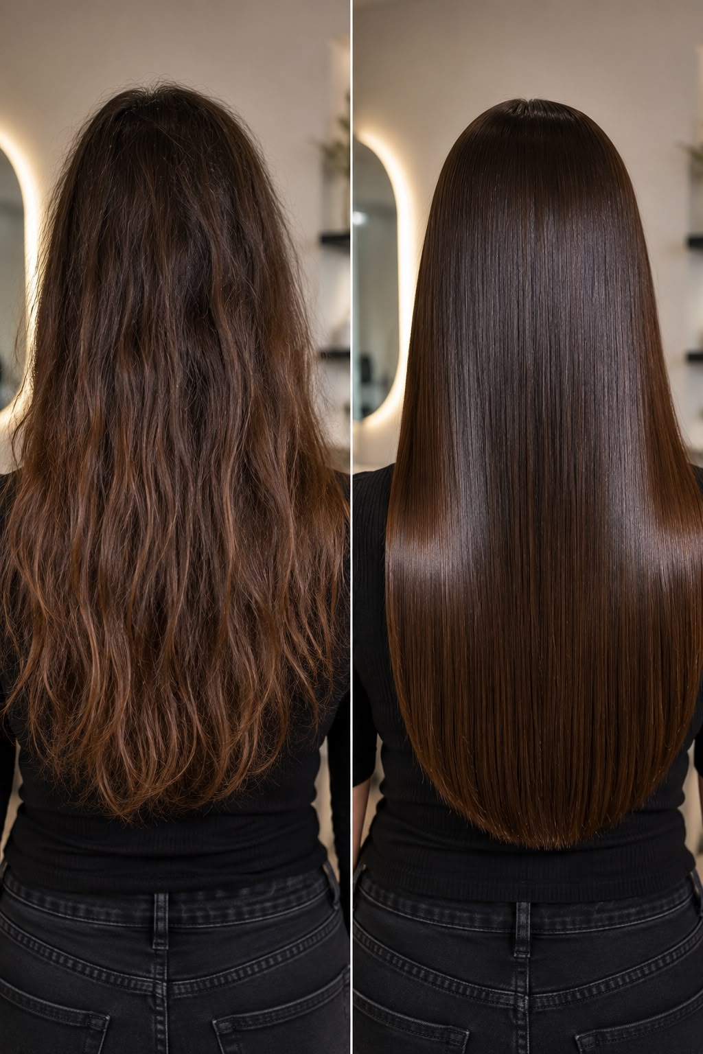 Haar vóór en na de Hair Glassing Treatment: direct minder pluis
